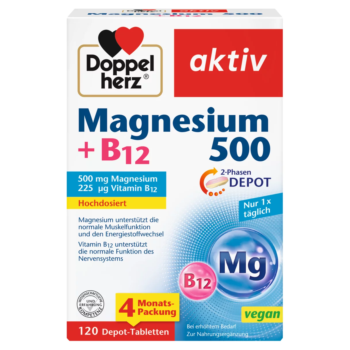 Abbildung der Produktverpackung Doppelherz aktiv Magnesium 500 + B12 Frontansicht